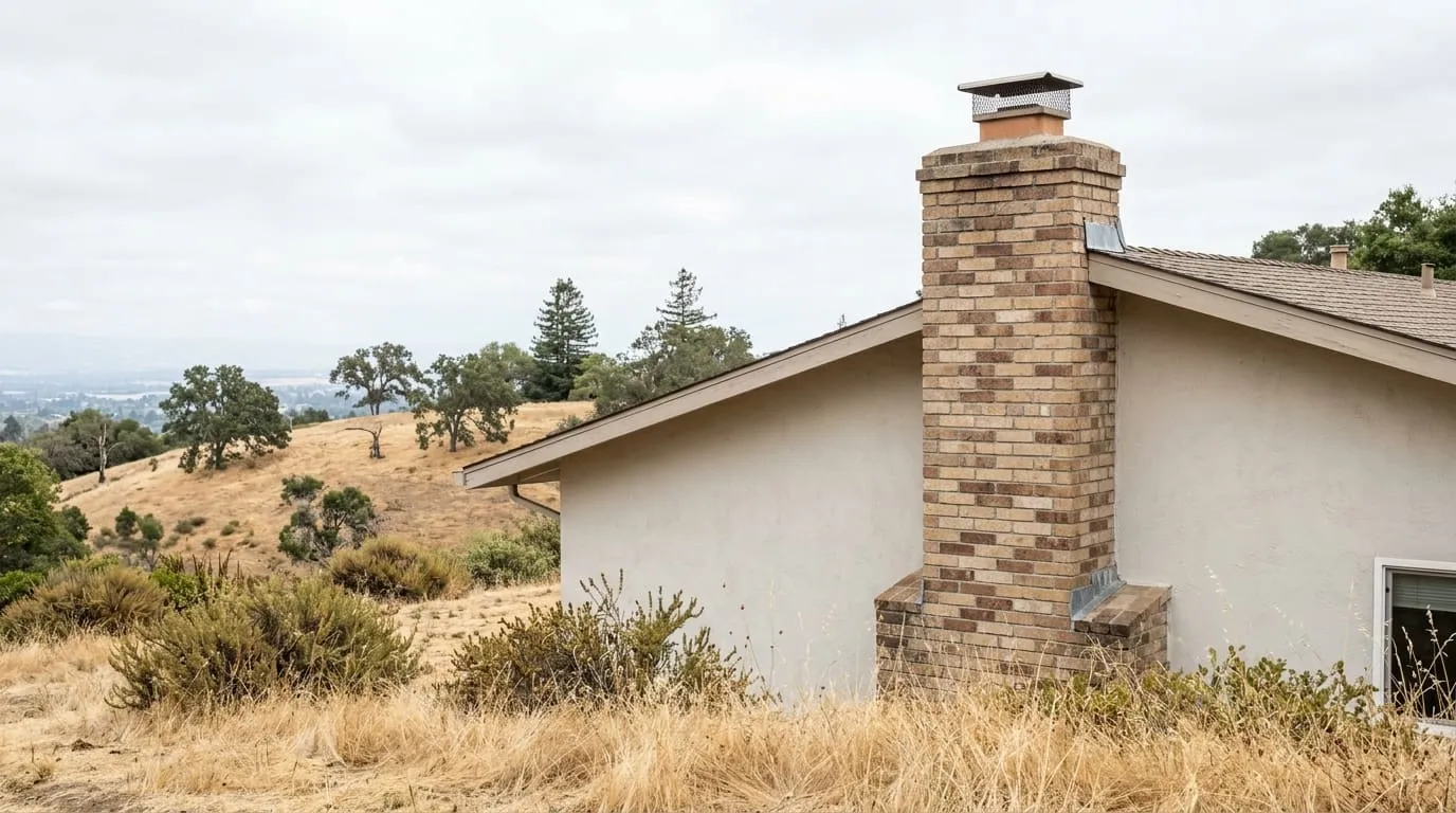 A chimney on a Santa Cruz Mountains hillside home surrounded by dry brush and evergreen forest