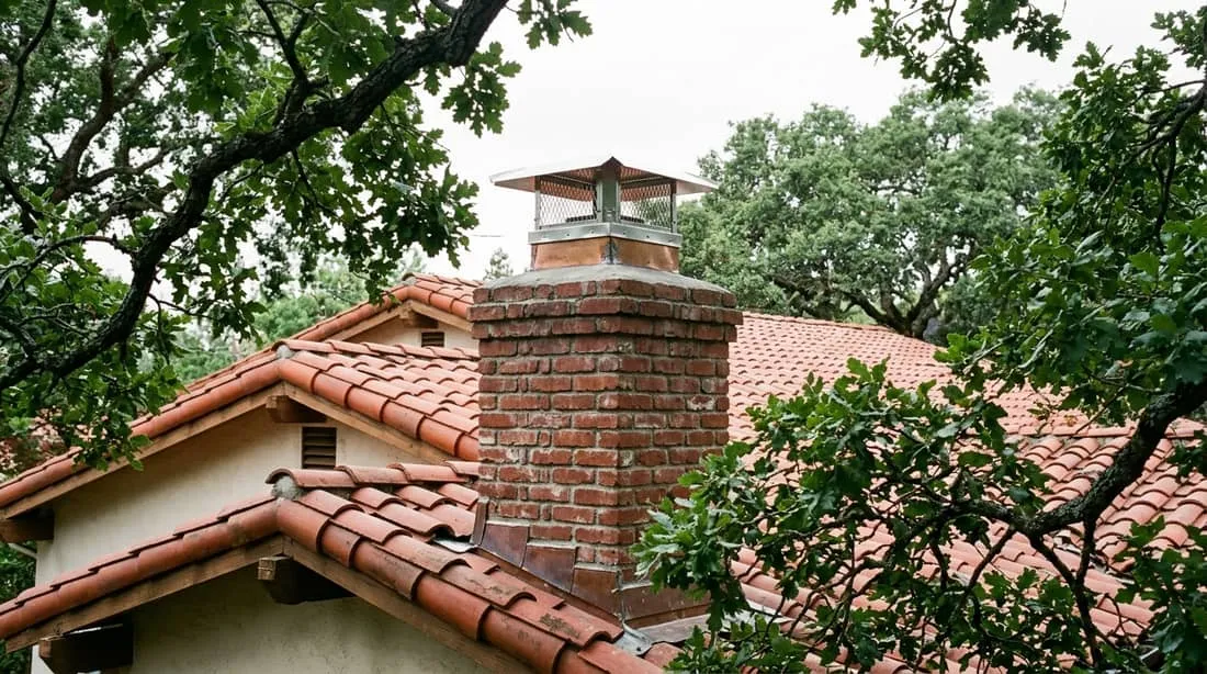 A newly installed chimney cap on a tile roof surrounded by mature California oak trees