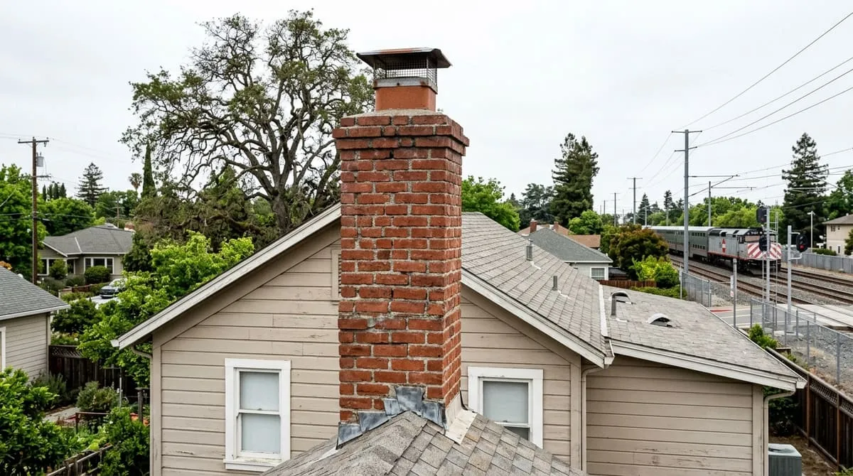 A century-old brick chimney on a small early-1900s home near a historic mission district