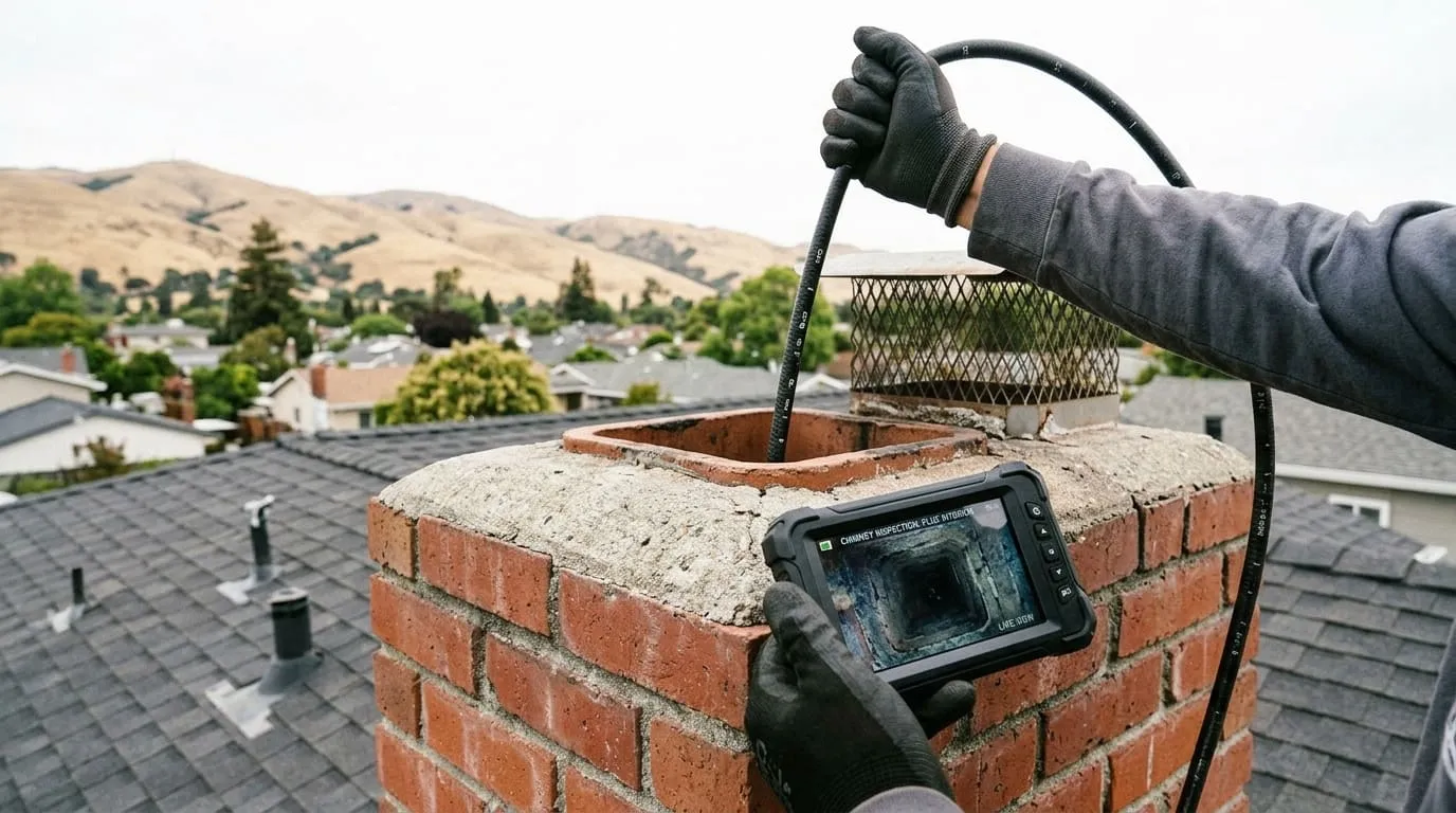 An inspection camera on a flexible rod being fed into a chimney flue, monitor screen visible
