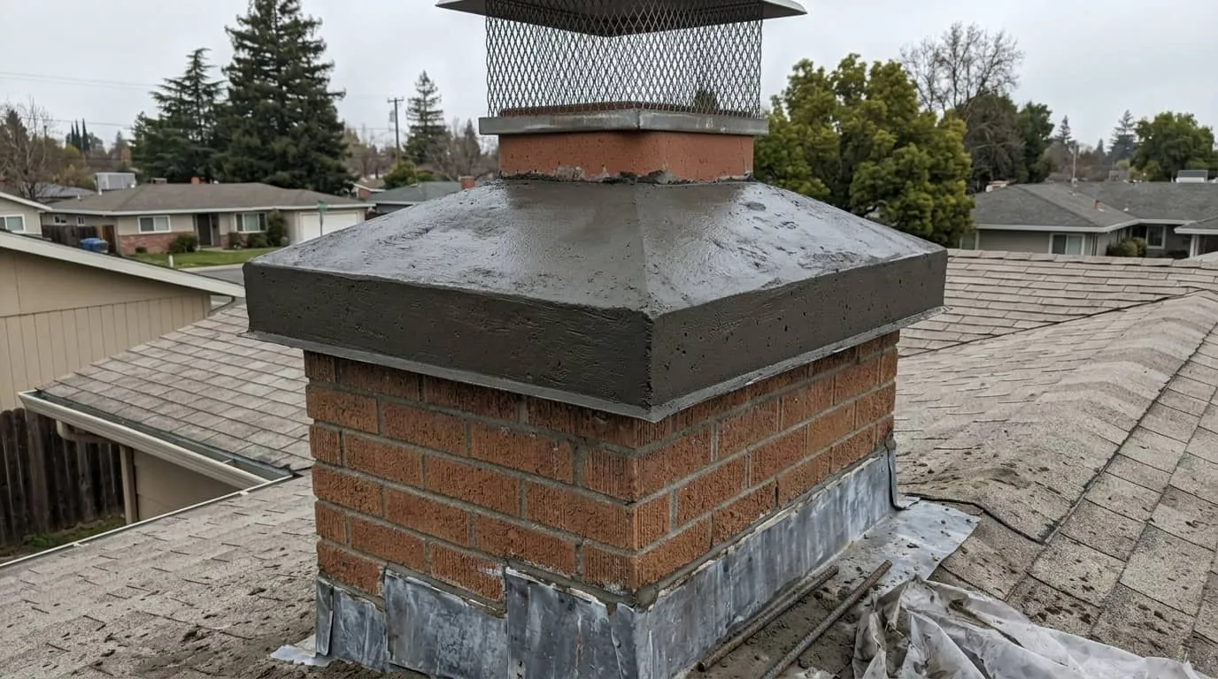 A freshly poured concrete chimney crown with a sloped surface and an overhanging drip edge, seen from above on a roof