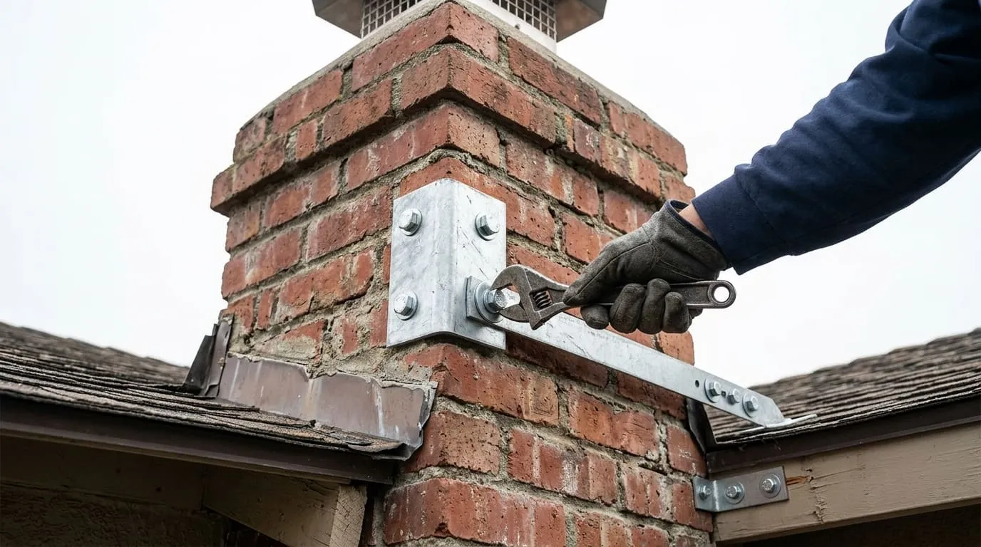 A seismic strap and anchor bracket being fitted to an older brick chimney during a retrofit