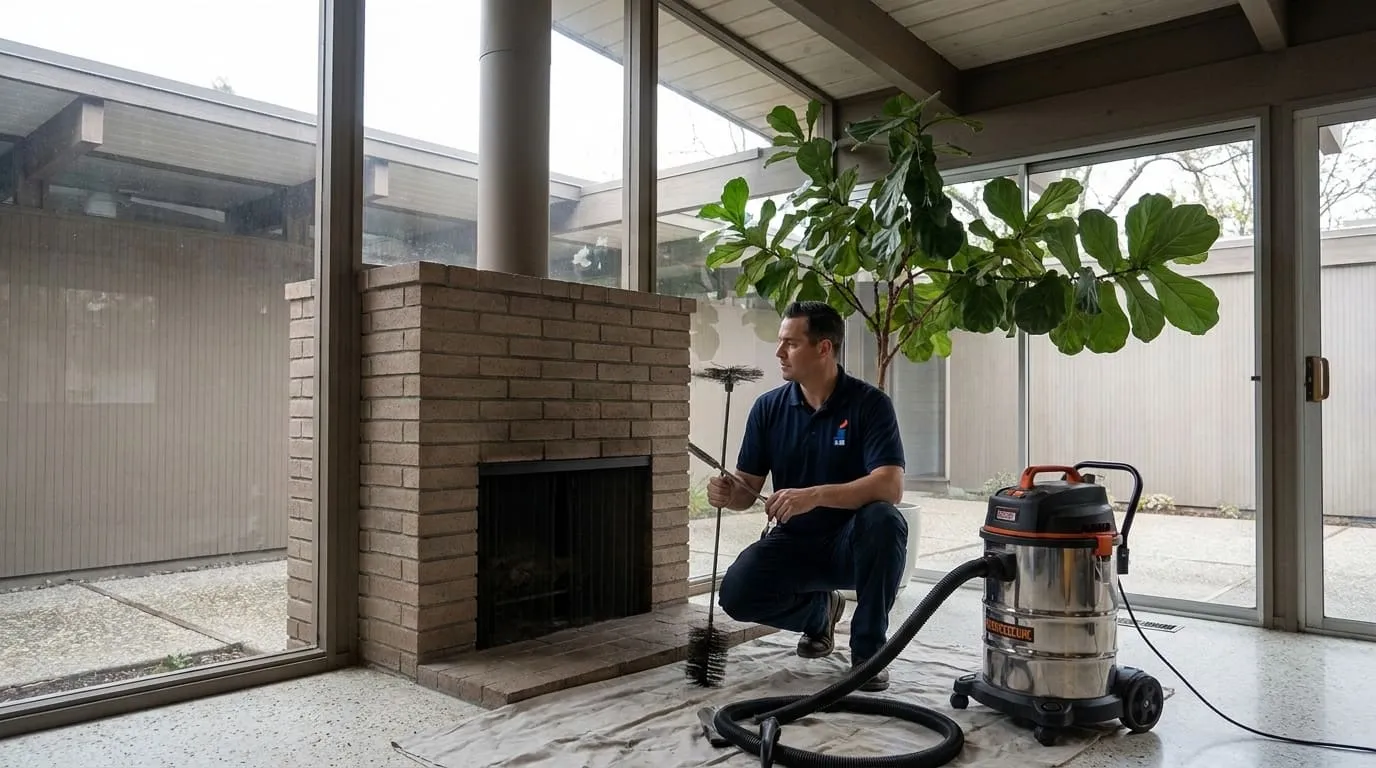 A technician crouched at a slim masonry fireplace inside a Sunnyvale Eichler home’s atrium, post-and-beam ceiling overhead